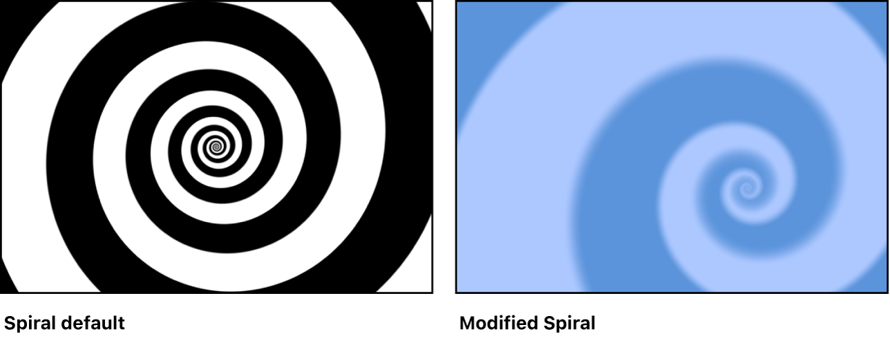 Canvas showing Spirals generator with a variety of settings