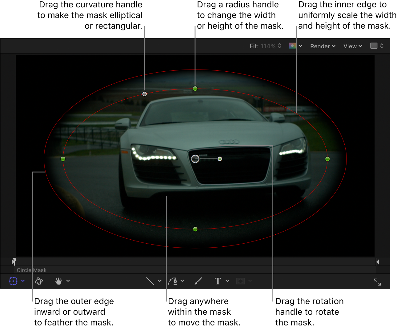 Onscreen controls to scale, feather, adjust curvature, and rotate a simple mask