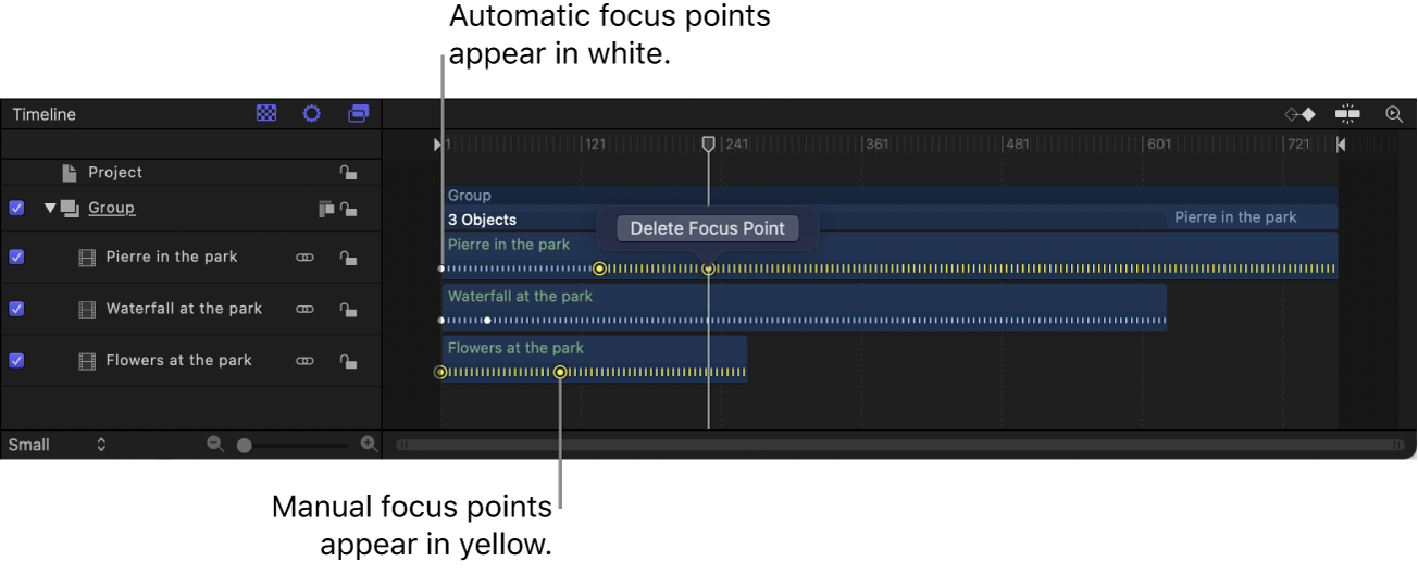 Cinematic mode video clips in the Timeline with white automatic focus points and yellow manual focus points