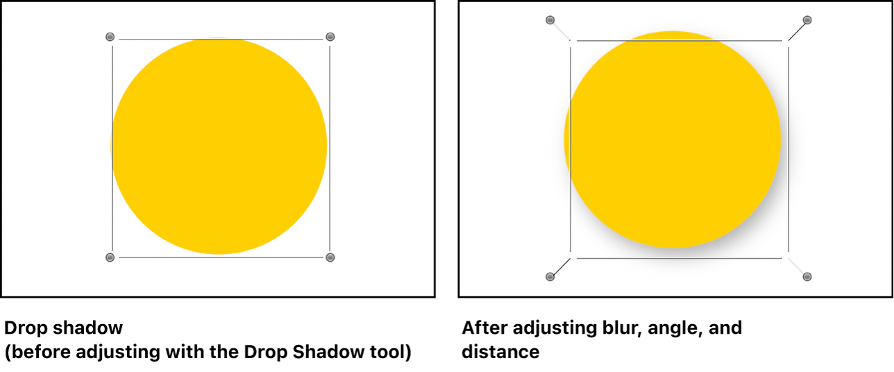 Canvas showing an object before its drop shadow is adjusted and the object as its drop shadow is being manipulated