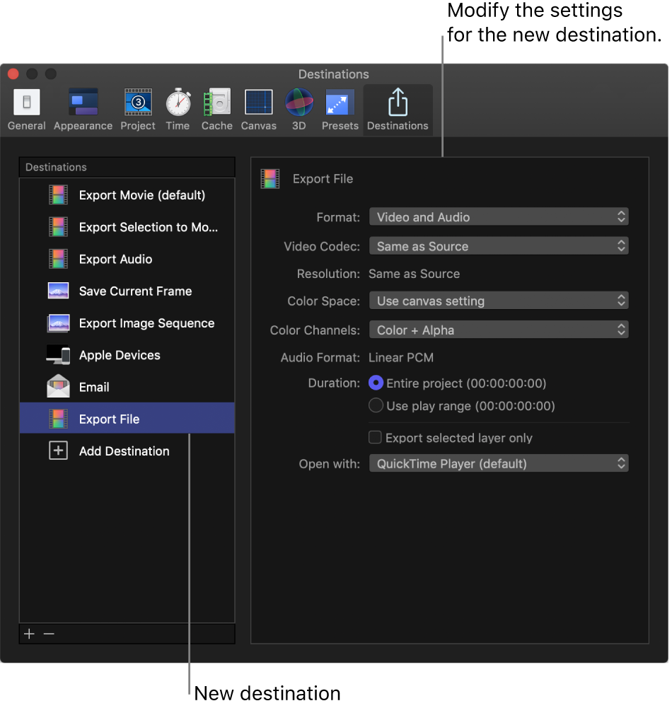 Motion Settings window showing Destinations pane with Export File destination selected in Destinations list on the left and Export File settings displayed on the right