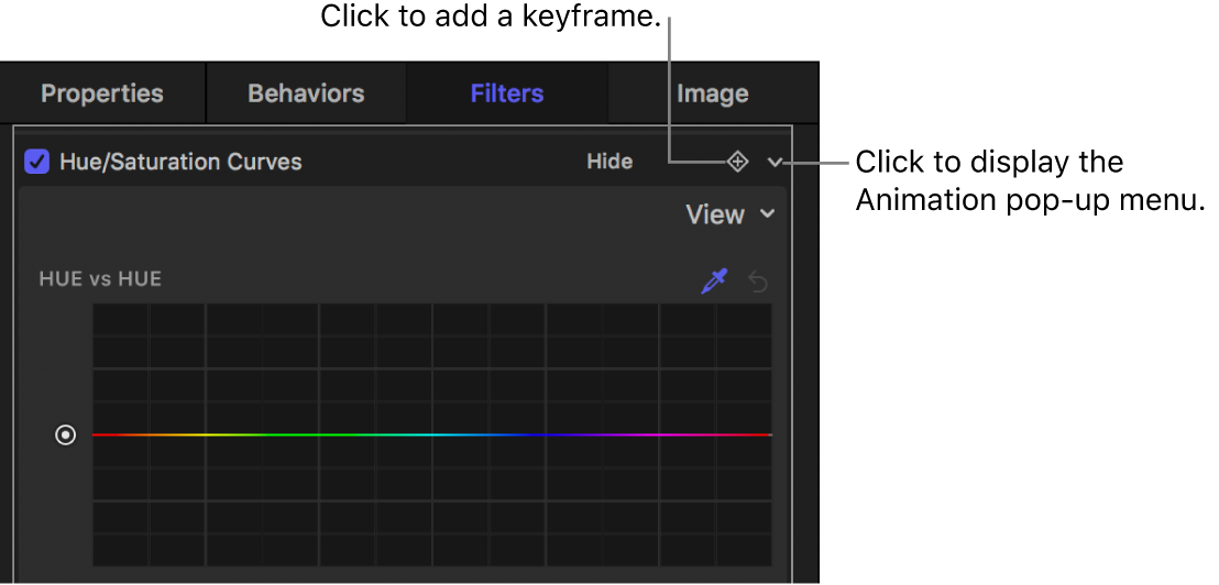 The Filters Inspector showing the Add Keyframe button and Animation pop-up menu button