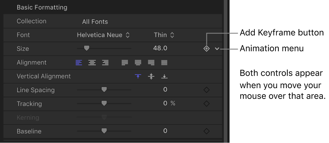 Animation menu icon for Text Size parameter, in the Inspector