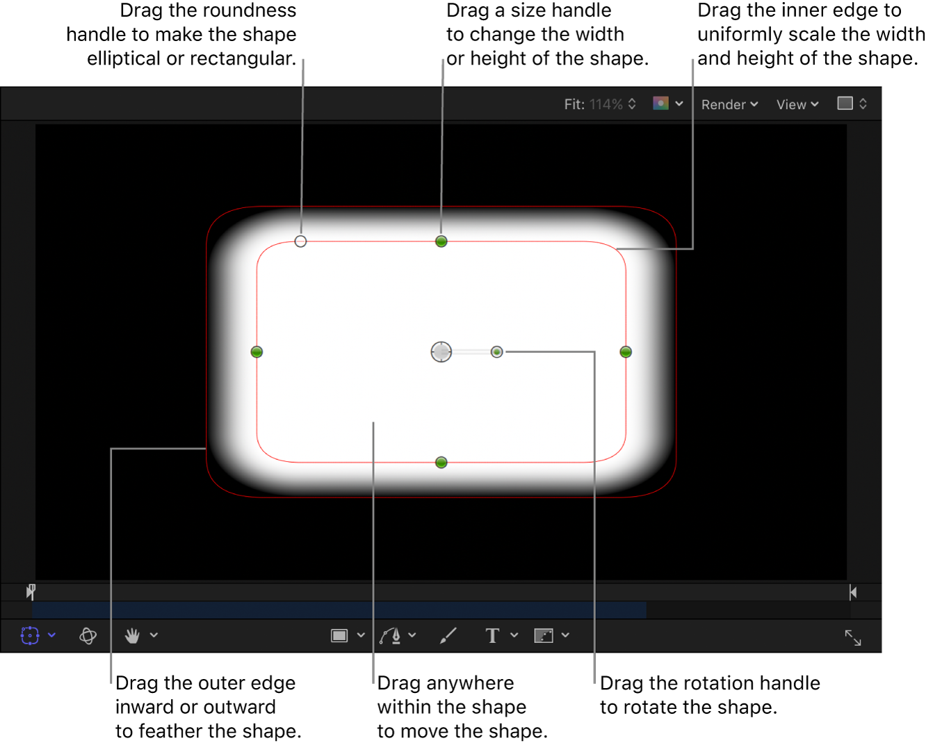 Onscreen controls to scale, feather, adjust roundness, and rotate a simple shape