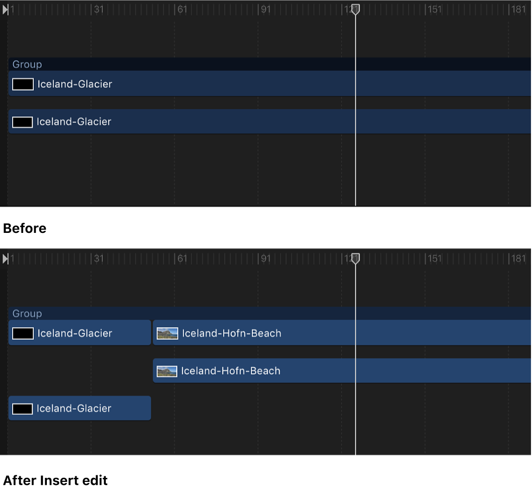 Timeline showing an object in a group, and an object inserted into that group