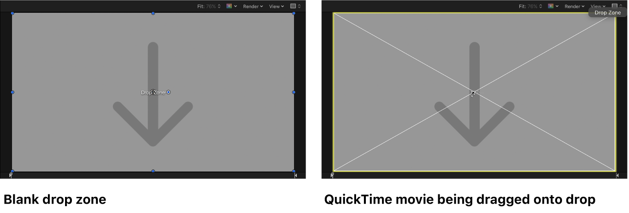 Canvas showing a QuickTime movie being dragged onto a drop zone