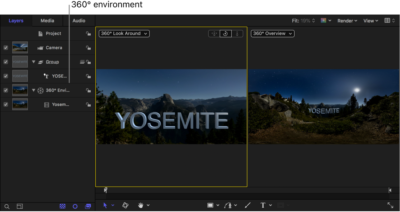 Project showing a 360° environment in the Layers list