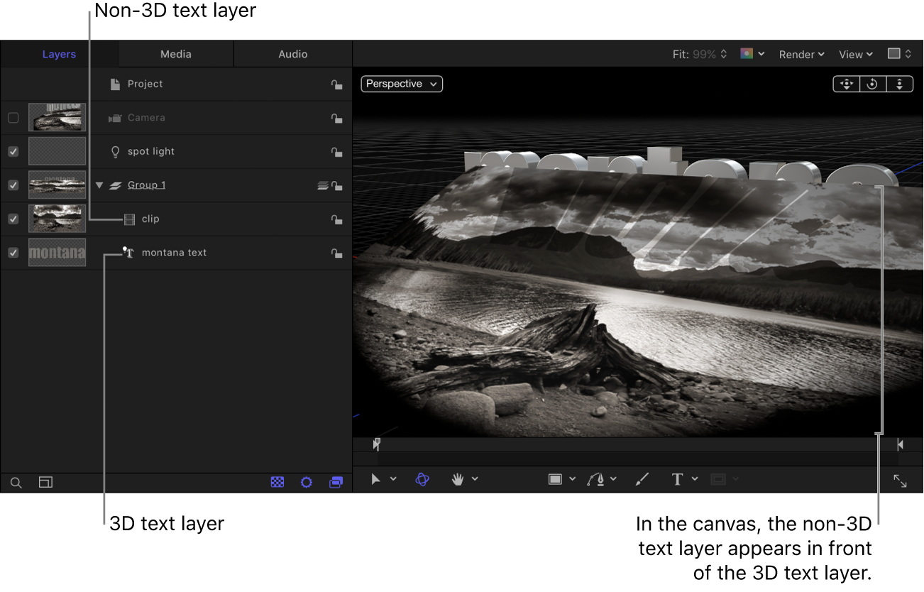 3D text layer below the non-3D text layer in the Layers list; non-3D text layer appears in front of the 3D text layer in the canvas.