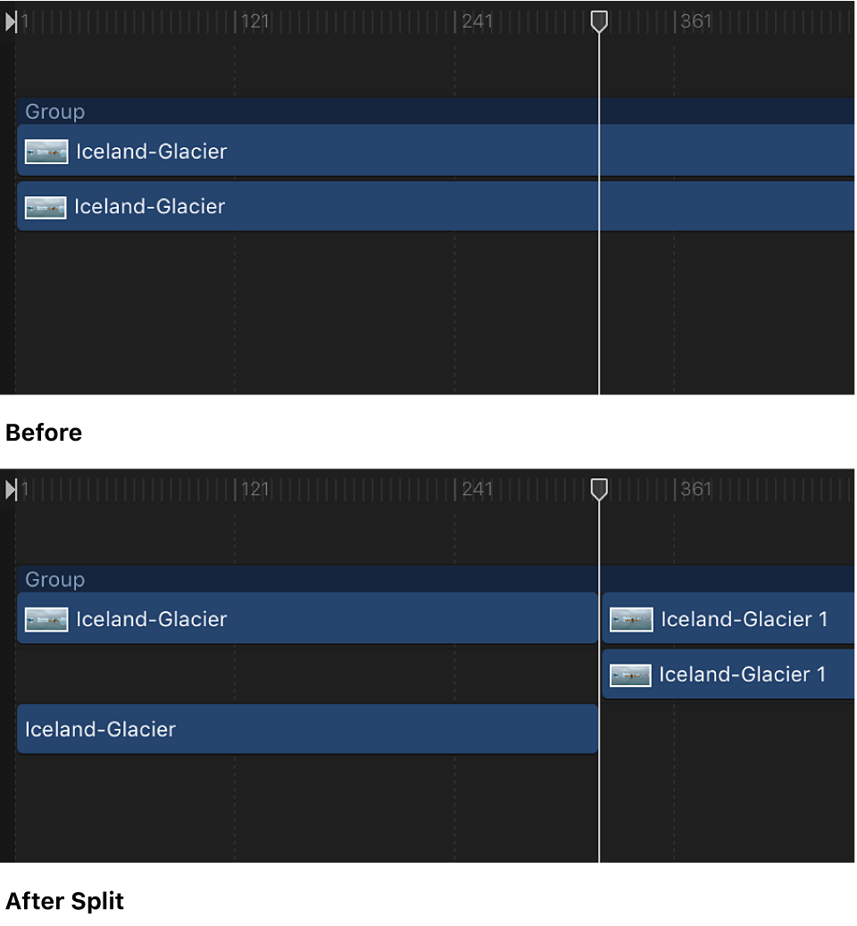 Timeline showing a track and the track being split