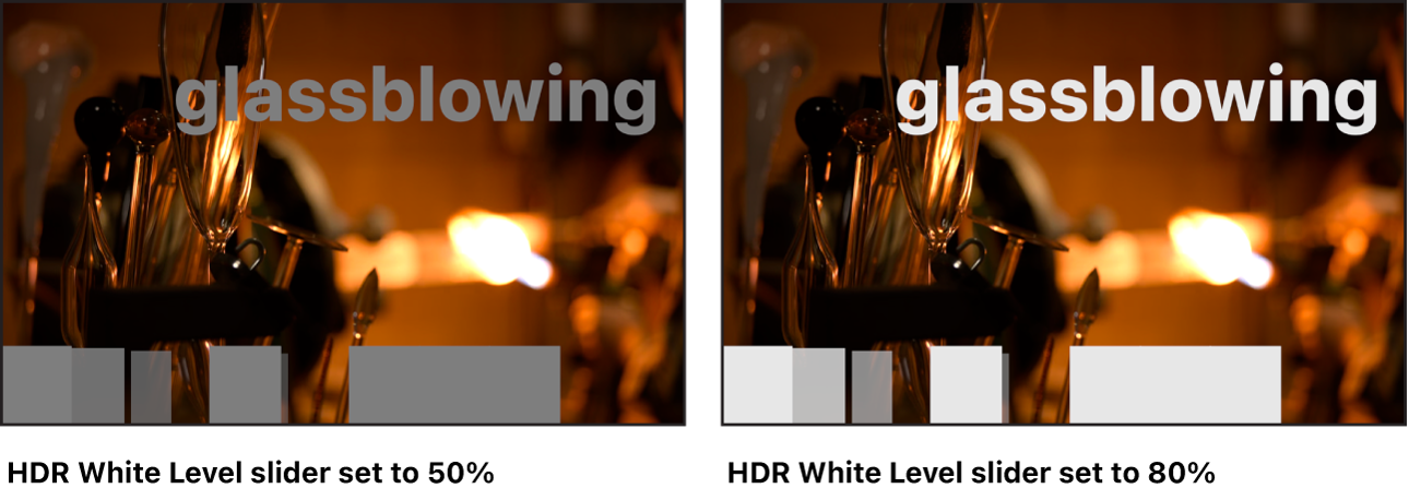 Canvas showing effects of adjusting the HDR White Level slider in an HLG project with white SDR elements.