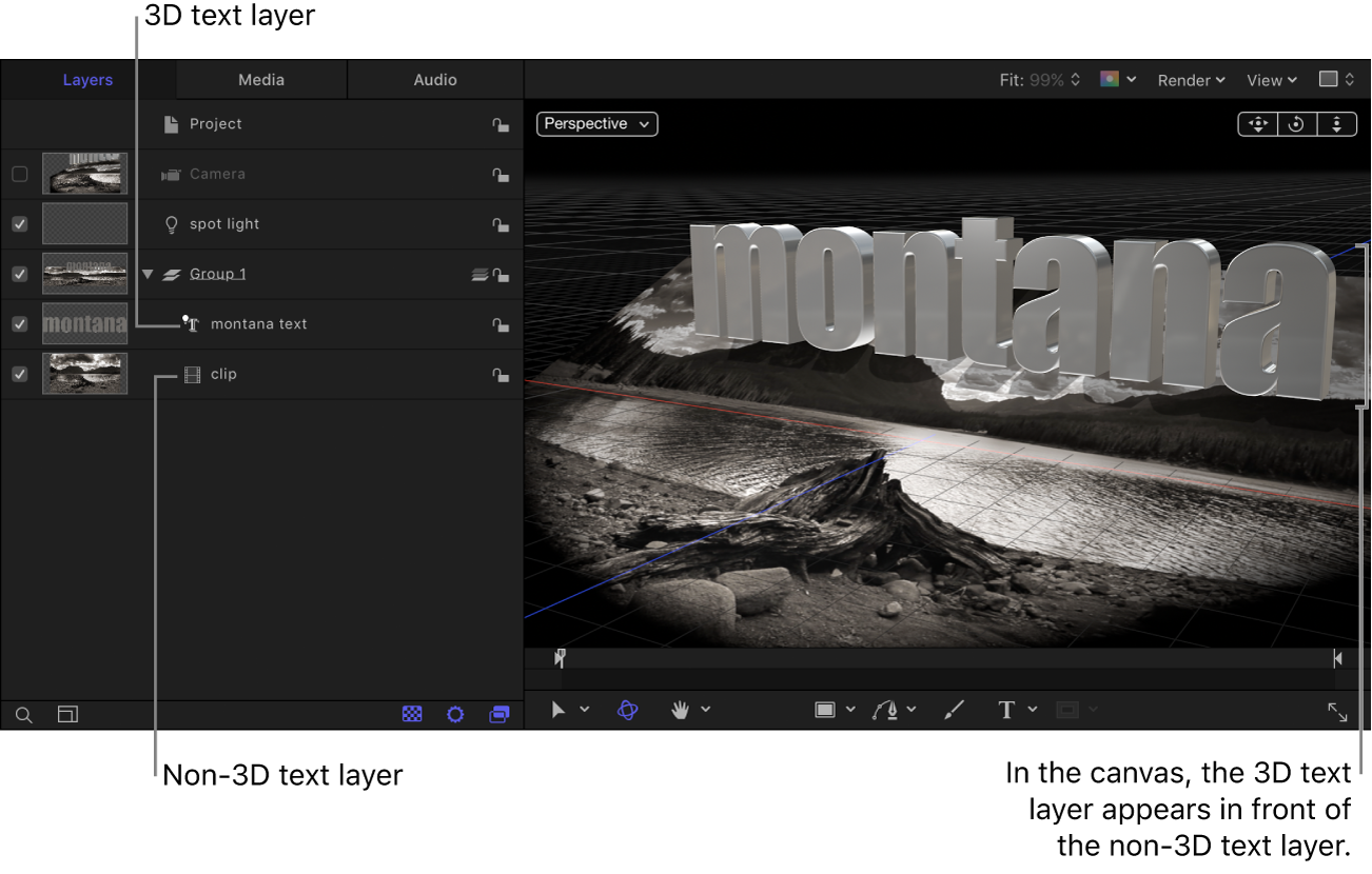 3D text layer above the non-3D text layer in the Layers list; non-3D text layer appears in behind the 3D text layer in the canvas.