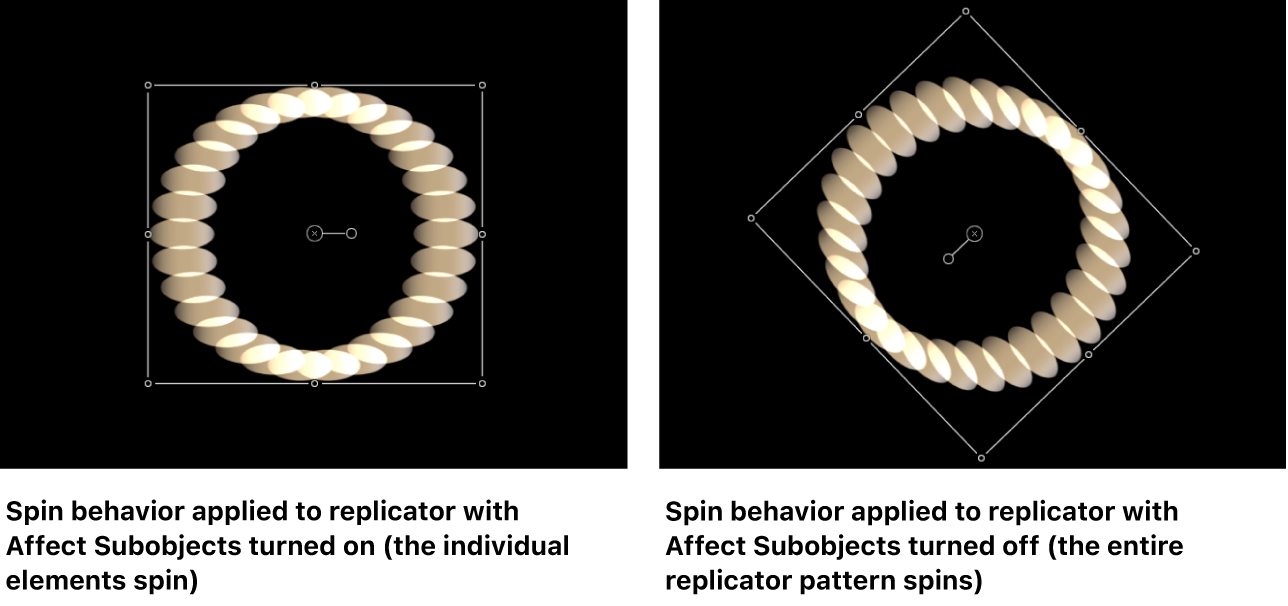 Canvas comparing replicators with Spin behavior applied, with and without Affect Subobjects activated