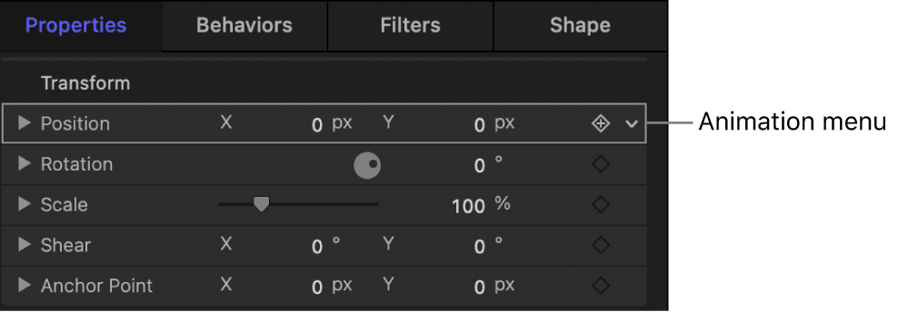 Behaviors Inspector showing the Position parameter’s Animation menu (down arrow)