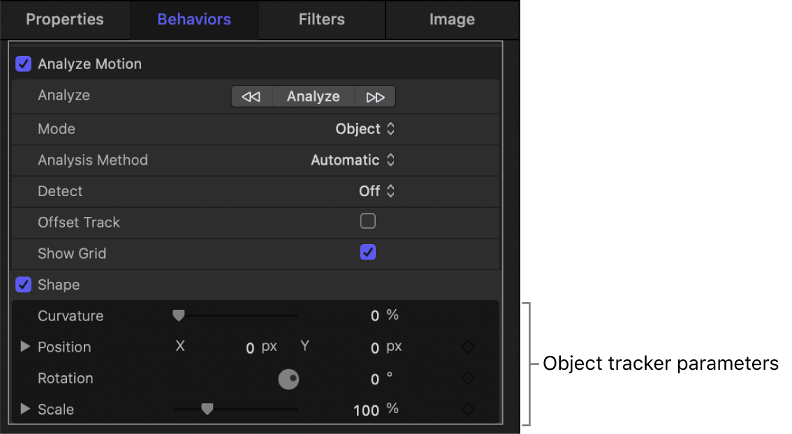 Behaviors Inspector showing object tracker Scale subparameters