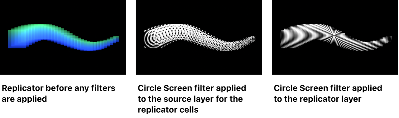 Lienzo donde se comparan replicadores con un filtro aplicado a la capa de celda de origen con el replicador más tarde.