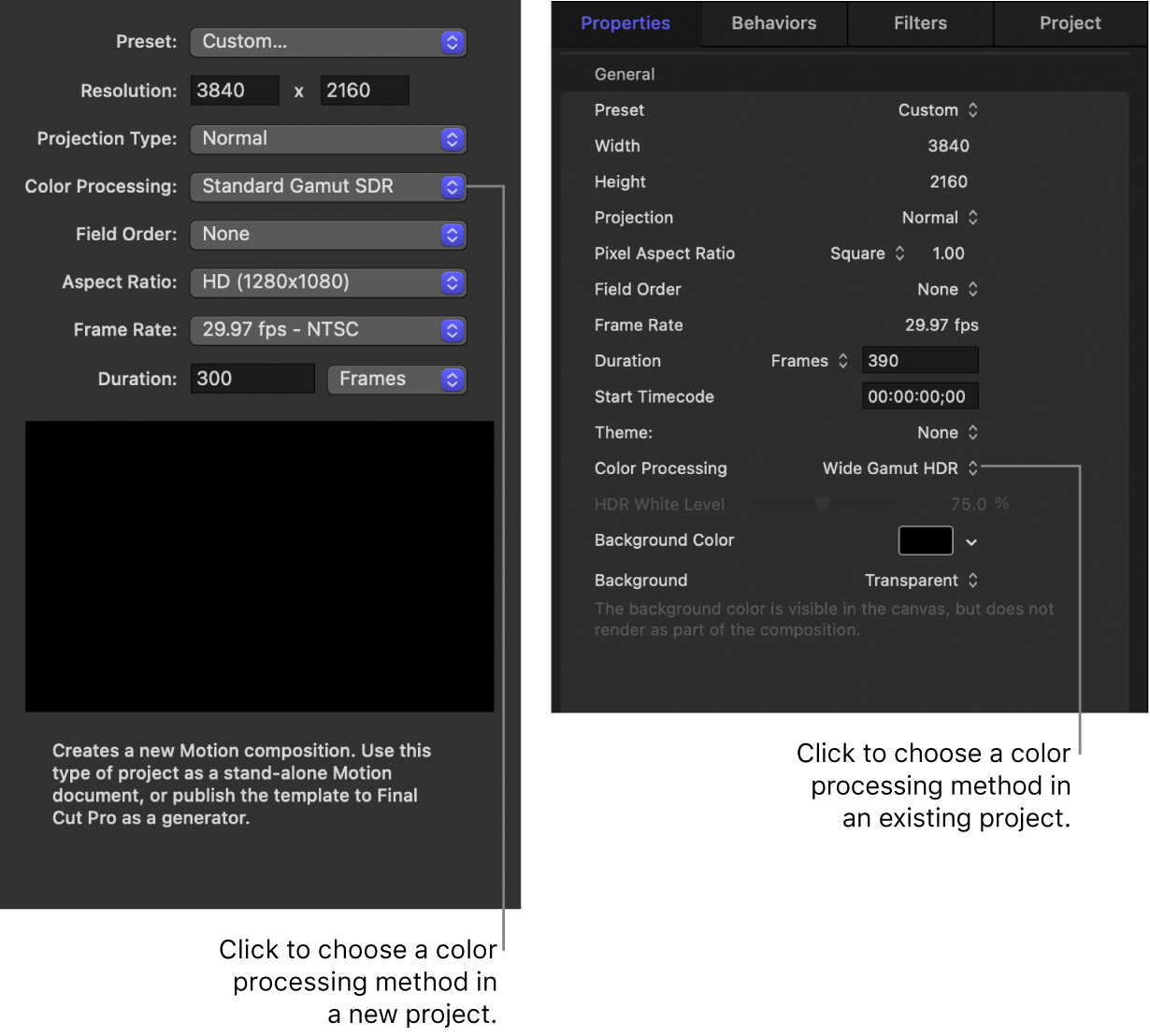 Explorador de proyectos que muestra el menú desplegable “Procesamiento de color”