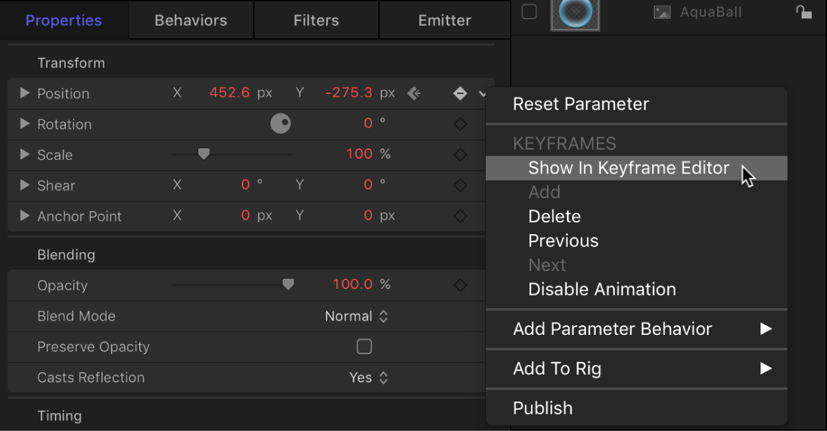 Inspector con el comando “Mostrar en el editor de fotogramas clave” en el menú Animación