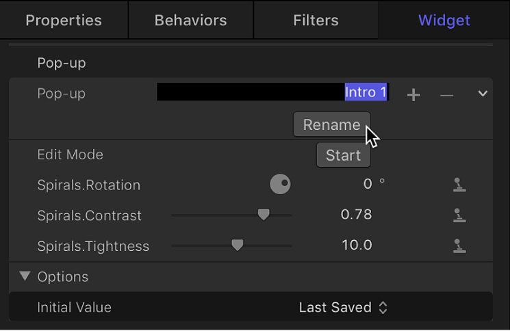 Inspector y botón Renombrar del ítem de menú del widget de menú desplegable