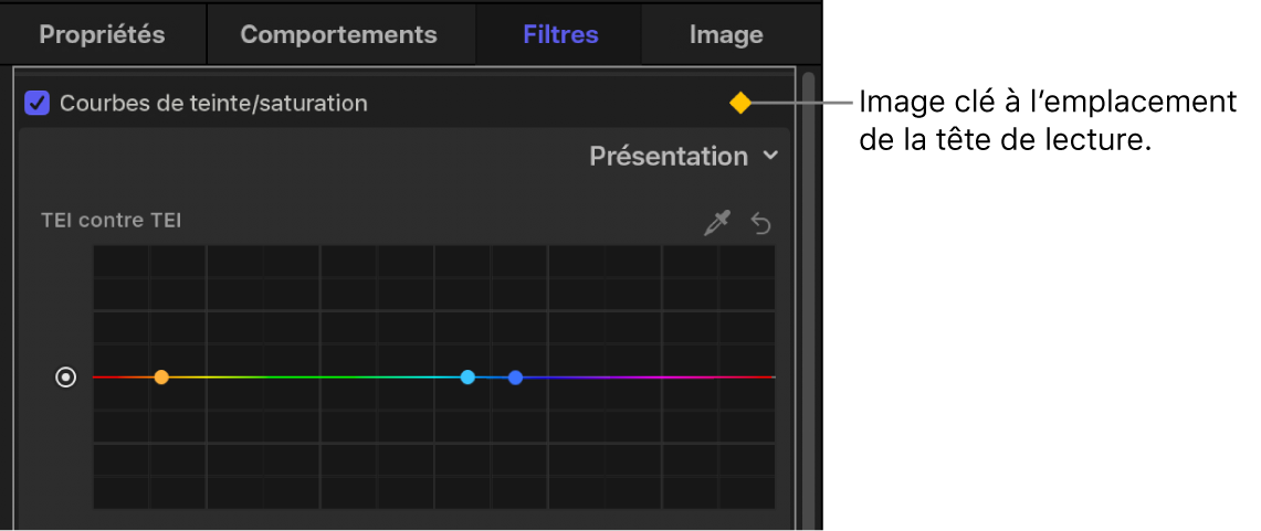 Inspecteur de filtres affichant une image clé dans le filtre Courbes de teinte/saturation