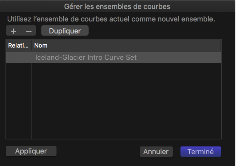 Zone de dialogue « Gérer les ensembles de courbes »