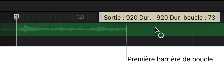 Timeline affichant une piste audio lue en boucle