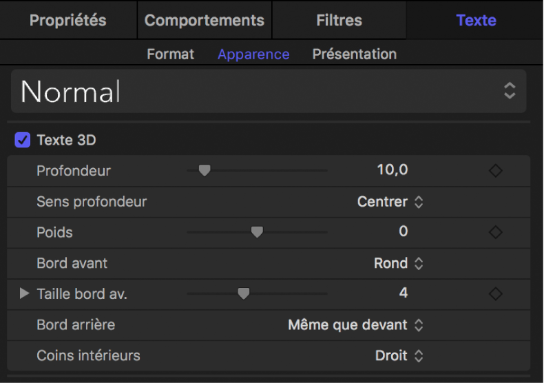 Commandes Texte 3D dans la fenêtre Apparence de l’inspecteur de texte