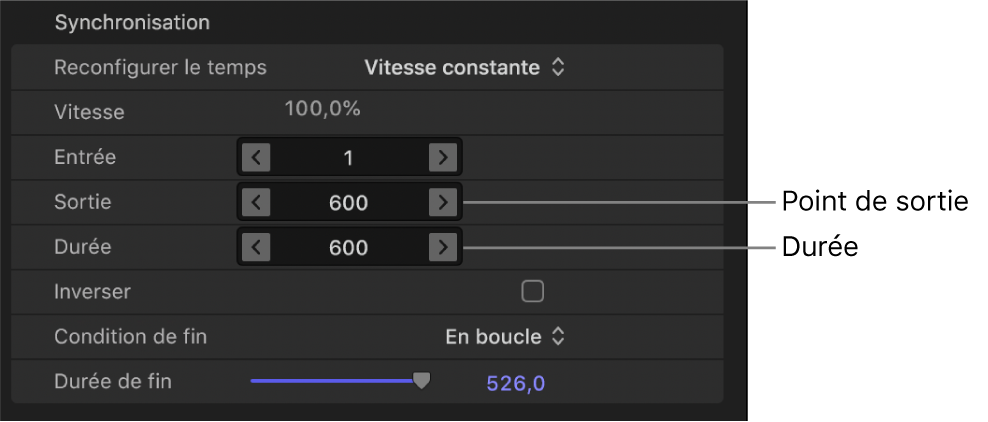 Paramètres Point de sortie et Durée dans les commandes Synchronisation au sein de l’inspecteur des propriétés