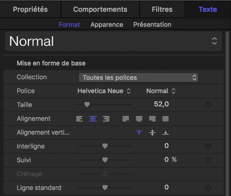 Commandes de mise en forme de base dans la fenêtre Format de l’inspecteur de texte