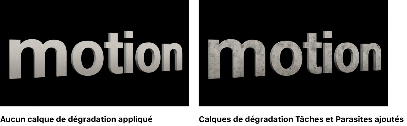 Texte 3D dans le canevas sans aucun calque de déprédation appliqué et avec les calques de déprédation Taches et Poussière appliqués