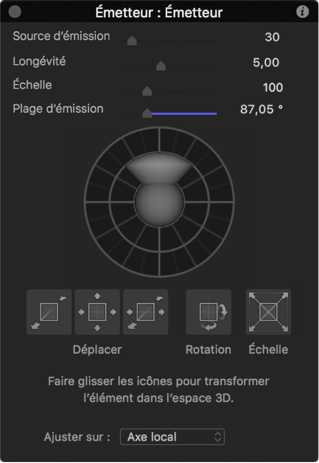 Palette affichant les commandes d’émetteur lorsque l’outil Ajuster transformation 3D est sélectionné