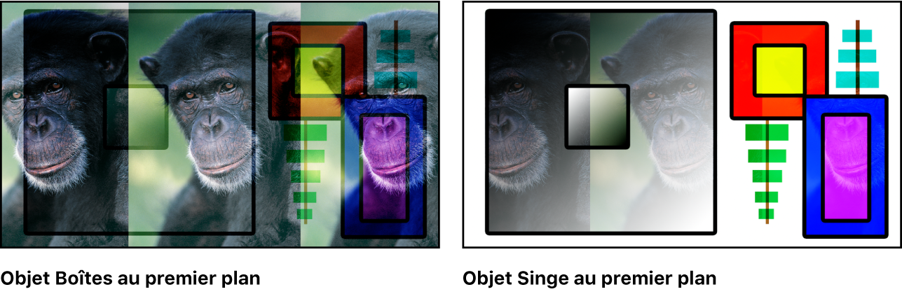 Canevas affichant les boîtes et le singe fusionnés à l’aide du mode Lumière tamisée