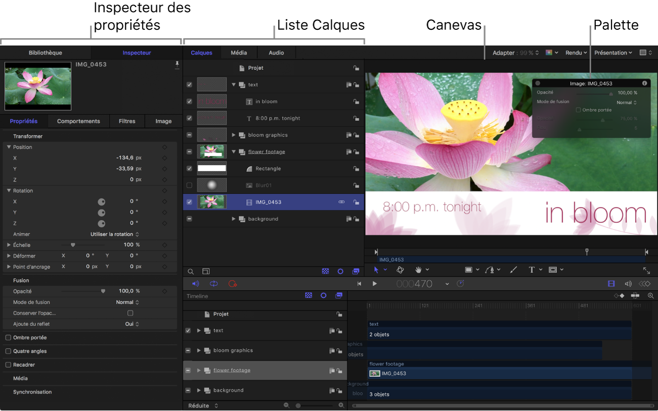 Interface de Motion affichant l’inspecteur des propriétés, la liste Calques, le canevas et la palette