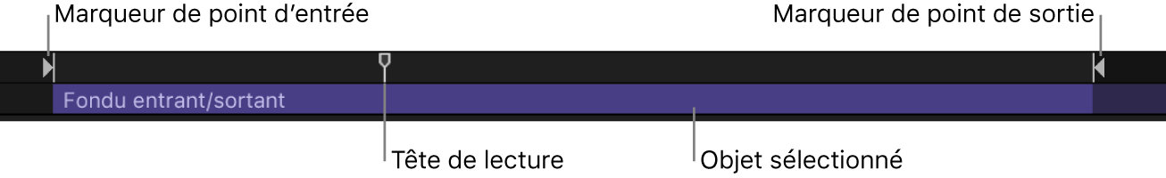 Mini-timeline affichant le point d’entrée, le point de sortie, la tête de lecture et l’objet sélectionné