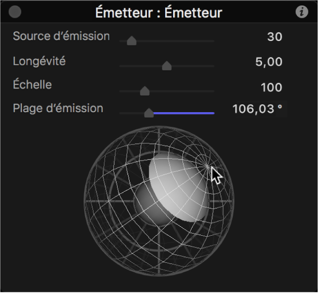 Palette affichant une sphère de commande d’émission 3D pivotée et décalée