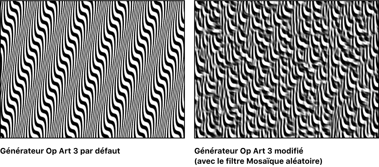 Canevas affichant le générateur Op Art 3, seul et combiné avec un filtre Mosaïque aléatoire appliqué