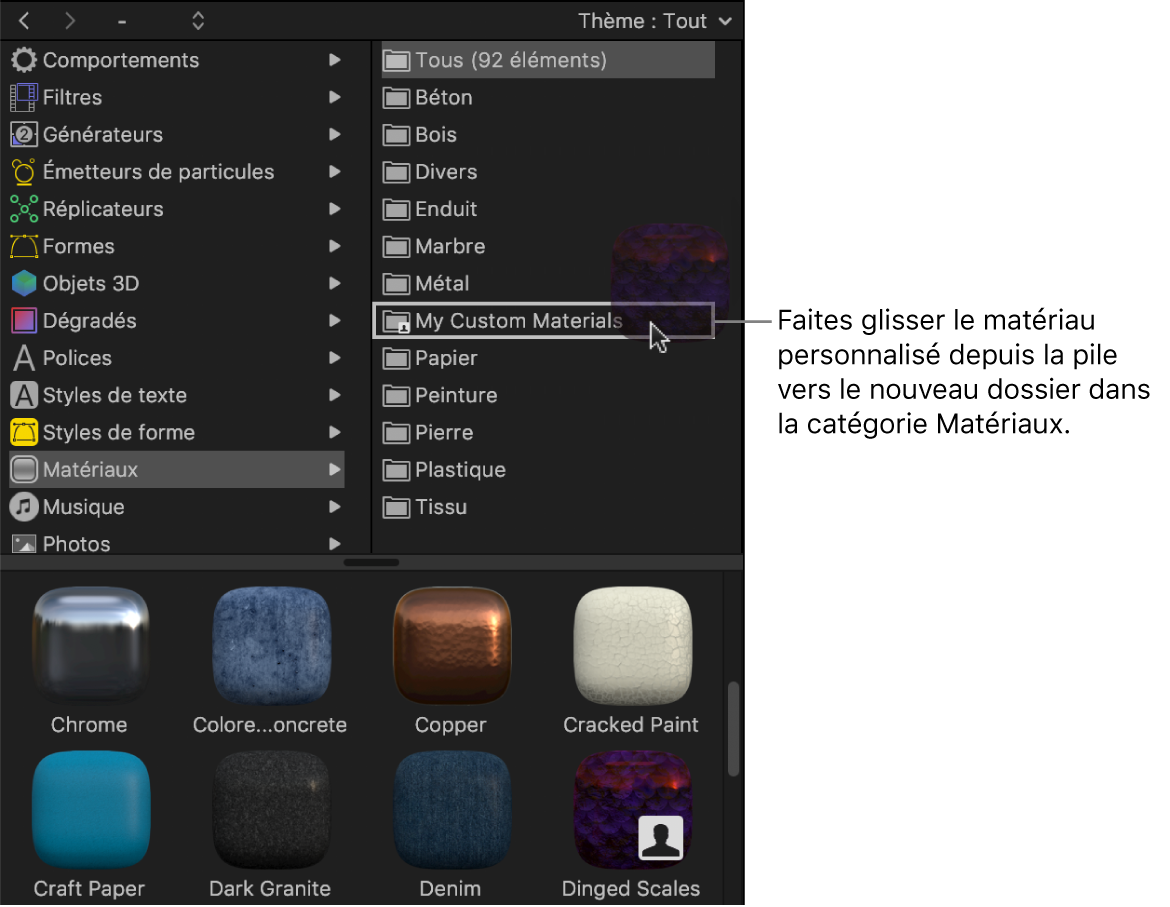 Matériau personnalisé glissé sur un nouveau dossier dans la bibliothèque Matériaux