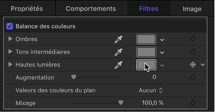 Paramètres du filtre Balance des couleurs