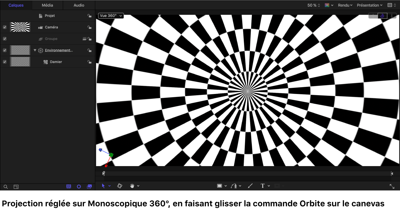 Canevas avec un générateur Damier affiché dans la projection monoscopique 360° tout en faisant glisser la commande Orbite