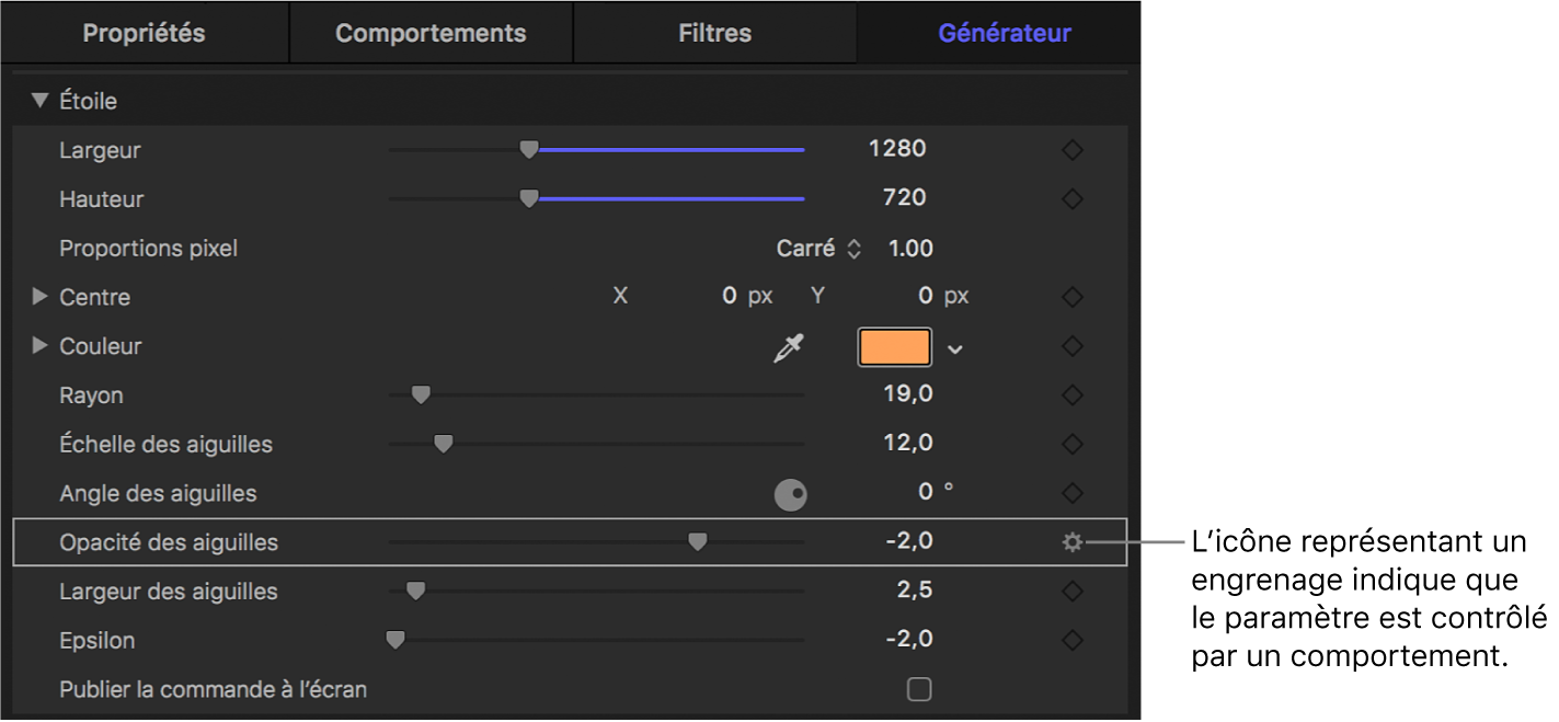 Inspecteur de générateur affichant l’icône Comportements sur le paramètre Opacité des aiguilles