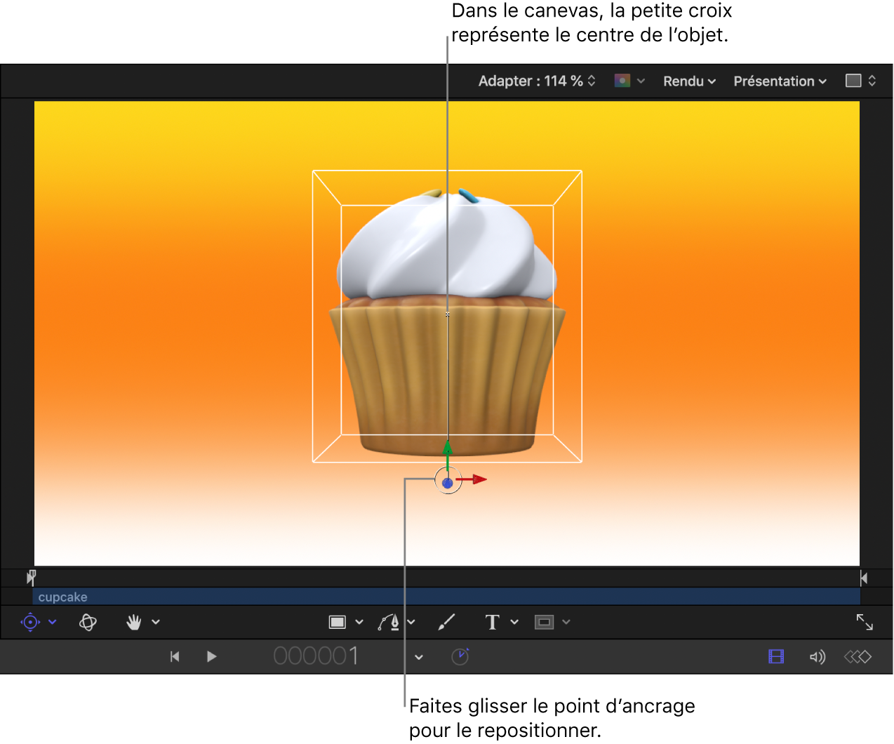 Canevas affichant le point d’ancrage de décalage de l’objet 3D, le point central de l’objet et les commandes à l’écran Point d’ancrage