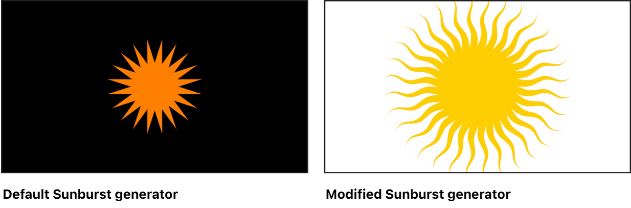 キャンバスに、さまざまな設定の「Sunburst」ジェネレータが表示されています