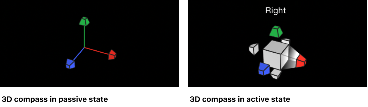 수동 및 활성 상태의 3D 나침반이 표시된 캔버스