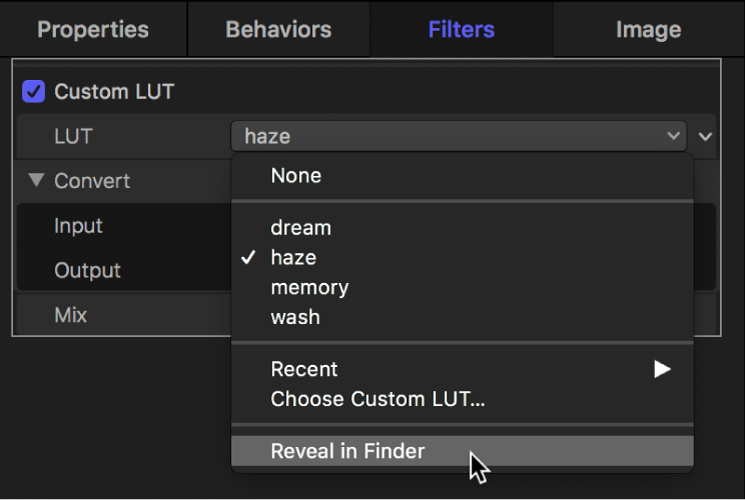 LUT 팝업 메뉴에서 Finder에서 보기를 선택하는 것을 보여주는 필터 인스펙터