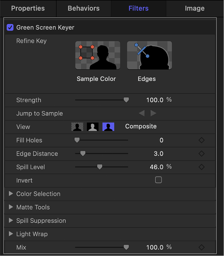 “绿幕抠像器”滤镜中的参数