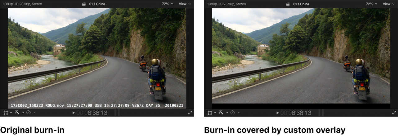 The viewer on the left showing a window burn-in and the same project on the right with a custom overlay covering the burn-in