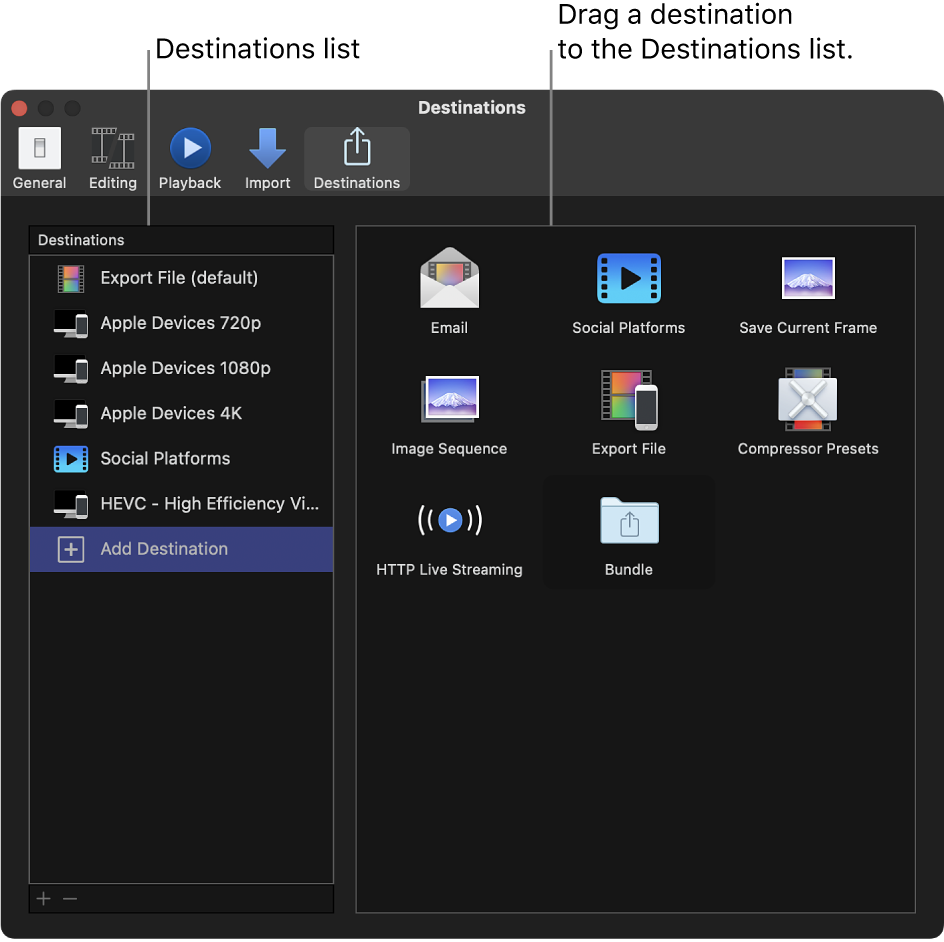 The Destinations pane of the Final Cut Pro Settings window showing Add Destination selected in the list on the left