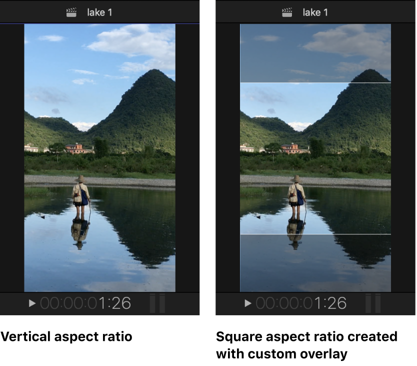 The viewer on the left showing a vertical project, and the same project on the right with a custom overlay creating a safe area with a square aspect ratio