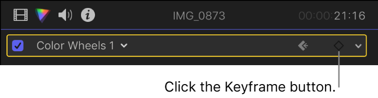 The Keyframe button for the Color Wheels effect turned off in the Color inspector