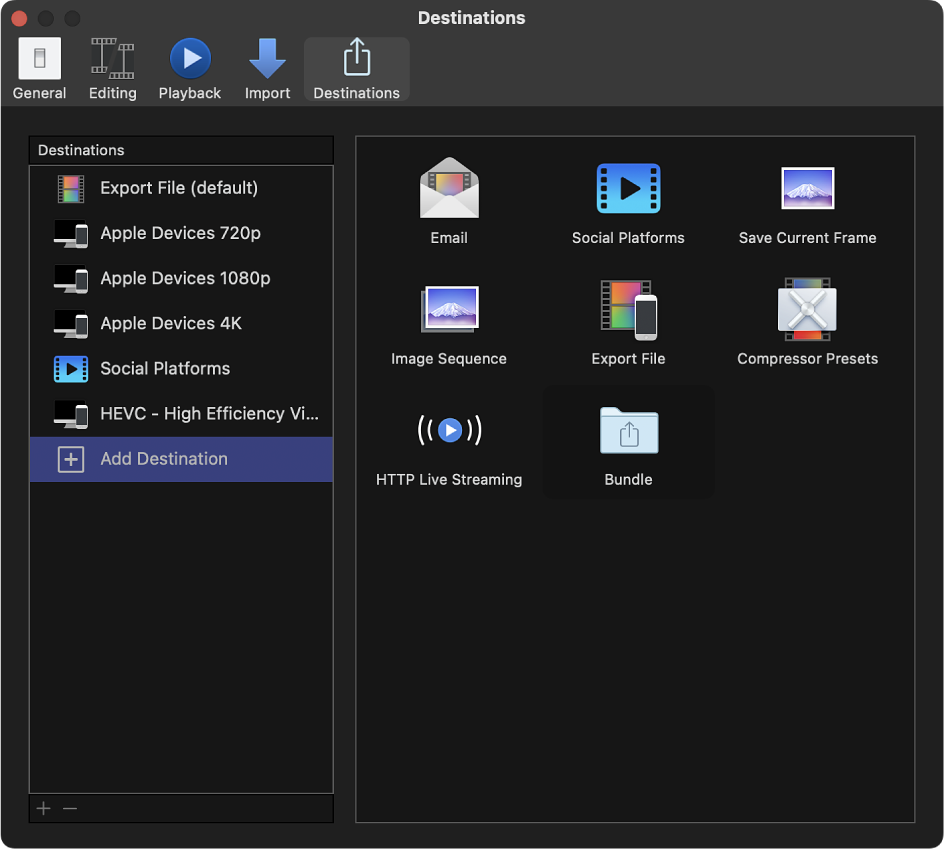 El panel Destinos de la ventana Ajustes de Final Cut Pro