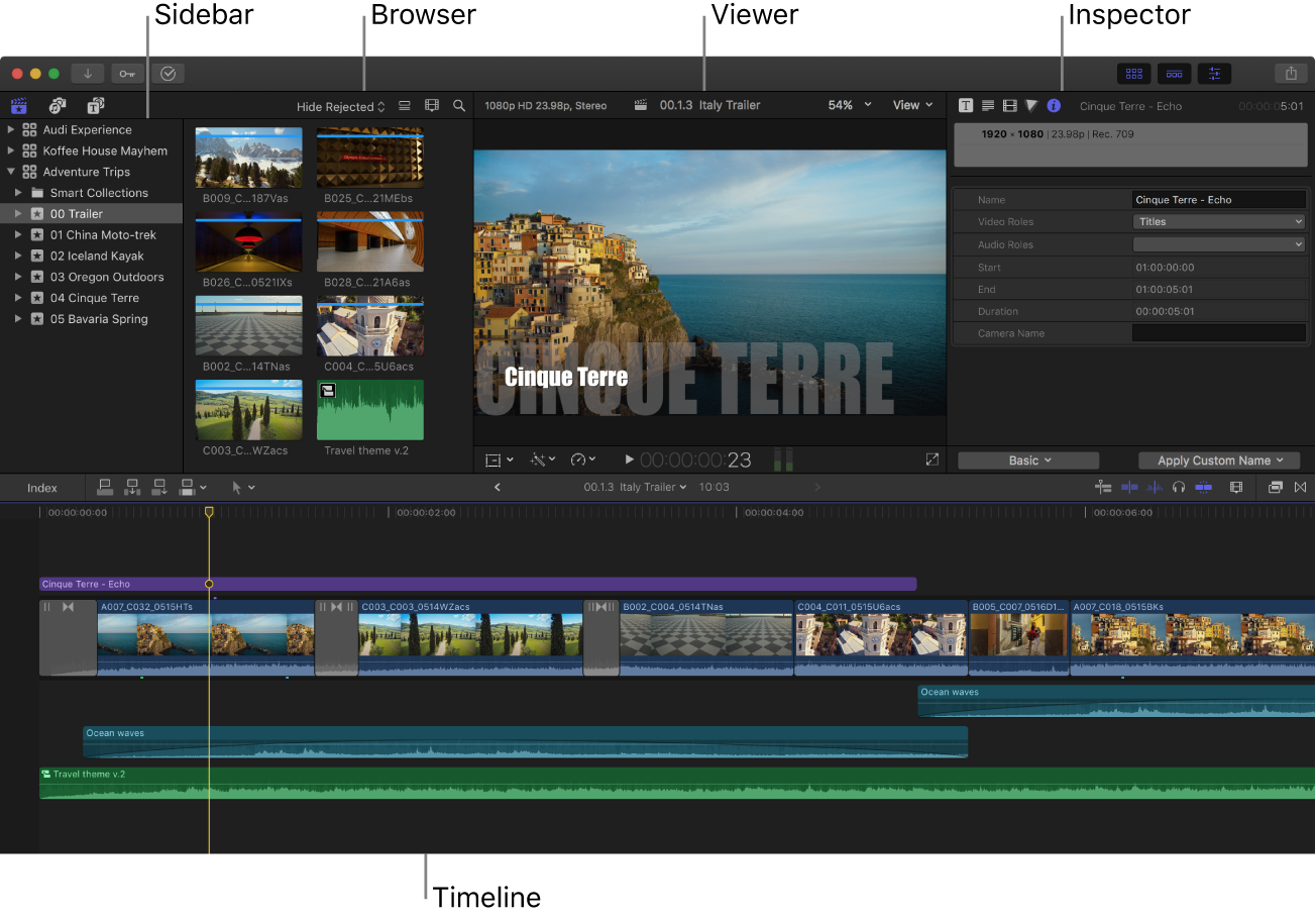 La ventana de Final Cut Pro que muestra la barra lateral, el explorador, el visor, el inspector y la línea de tiempo